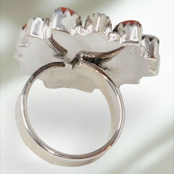 Handmade Adjustable Sterling Silver 925 Lapis Coral Pearl Statement Ring S7 - Picture 5 of 12
